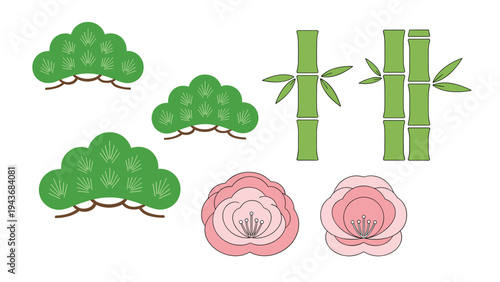 Traditional Japanese symbols of longevity and prosperity include pine branches, bamboo stalks, and plum blossom flowers in green.