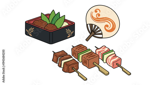Assortment of Japanese grilled yakitori skewers is presented with a lacquer bento box and a traditional handheld fan.