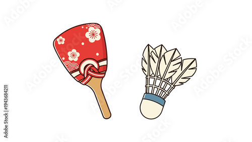 Traditional Japanese New Year items include a decorated wooden hagoita paddle and a feathered hane shuttlecock.