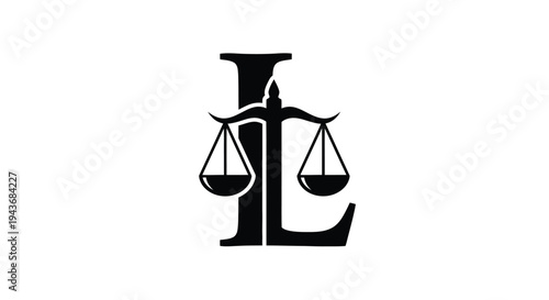 Black silhouette of scales of justice integrated into a capital letter