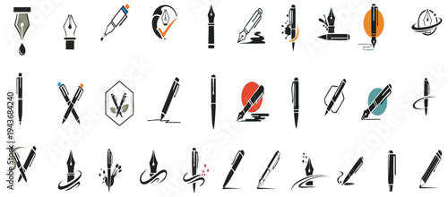 Pen Logo Set Vector Fountain Pen Writing Icon Collection