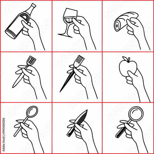 Grid of minimal line drawings depicting hands holding everyday objects such as wine glass bottle bread apple fork spoon knife magnifying glass tool