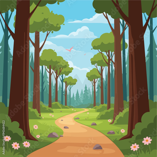 Forest landscape with path, trees, flowers, and mountains under a blue sky