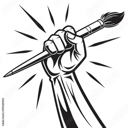 Stylized graphic of a strong hand holding up a paintbrush with rays emanating, symbolizing artistic power and creative expression