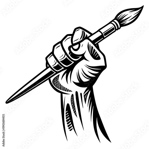 Fist holding paintbrush vector illustration. strong creative arm with art tool in black and white line art style for drawing studio