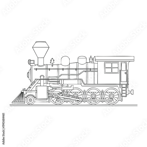 Detailed line drawing of a classic steam locomotive with multiple wheels and tender