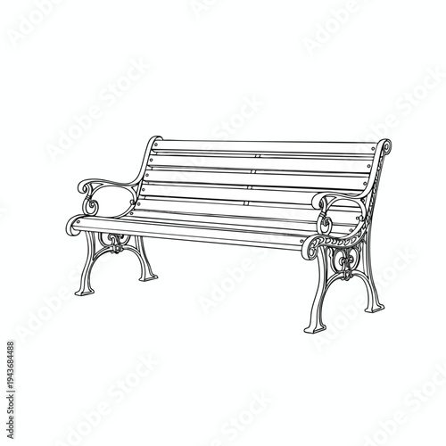 Ornate, vintage park bench with slatted seat and cast iron legs