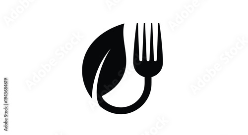 A black silhouette of a fork combined with a green leaf design