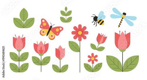 Colorful illustration of flowers a butterfly a bee and a dragonfly