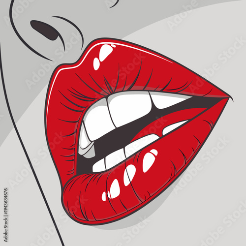 Sexy female lips with bright red lipstick and white teeth in pop art style illustration for beauty salon advertising and fashion makeup promotion