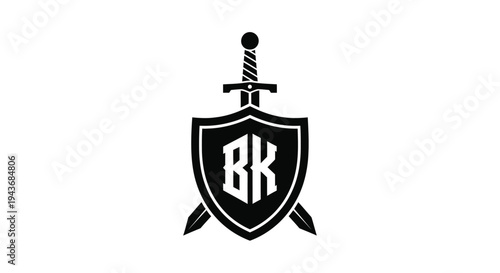 Black shield emblem with sword and intertwined letters bk design