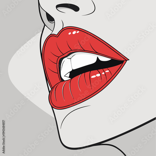 Woman's open mouth with red lips and white teeth, pop art style vector illustration of a sensual female face close-up