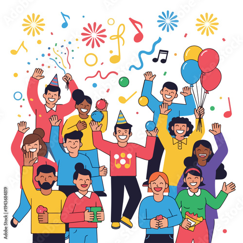 Group of diverse people celebrating with balloons, confetti, and music notes