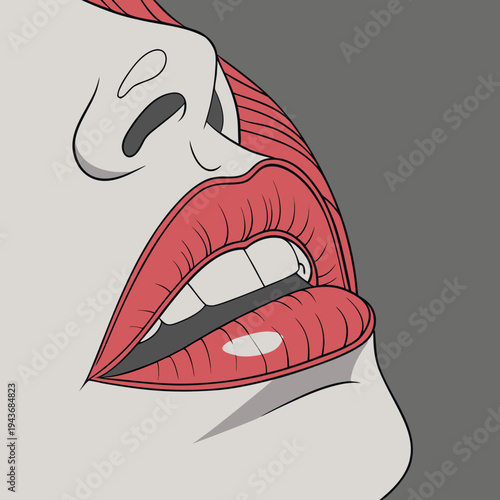 Pop art style woman's face with red lips, white teeth, vector illustration of a sensual female mouth and nose