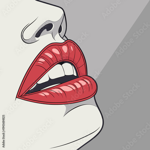 Woman face with opened mouth and glossy red lips, pop art style retro comic book illustration side view, female beauty close up
