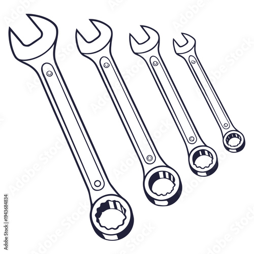 Set of four combination wrenches, outline icon, hand tool for mechanical work, repair equipment isolated on white background vector