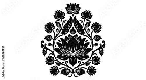 Elegant black floral design featuring symmetrical lotus blossoms and leaves