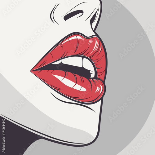 Woman's red lips in pop art style, close-up vector illustration showcasing sensual female mouth expression with white teeth