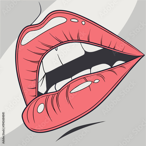 Pop art style female mouth with pink lips and white teeth, vector illustration of woman's open mouth with tongue detail