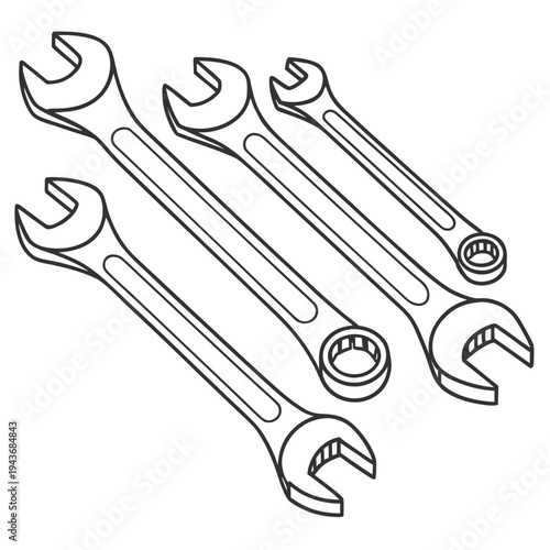 Set of four wrenches isolated on white background, repair tools outline icon, hand equipment for mechanical work black and white vector
