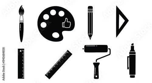 Black silhouette icons representing various art and design tools