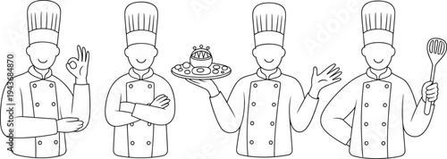 Chef character collection with professional cook in uniform holding food and kitchen utensils restaurant mascot vector illustration