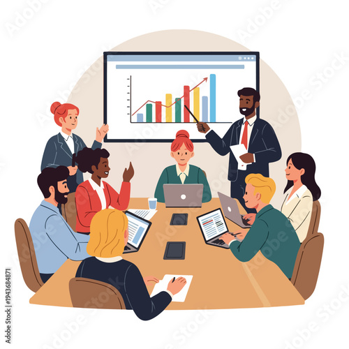 Group of business people in a meeting presenting data analysis and stats