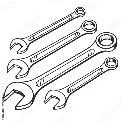 Set of four outline combination wrenches in a diagonal arrangement, showcasing different sizes of these essential hand tools for mechanical and repair tasks