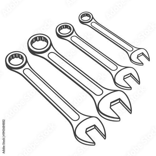 Set of four open-end and box-end wrenches, outline icon, hand tools for tightening nuts and bolts isolated on white background