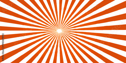 Bright orange sunburst background with radial sunbeams and yellow vector rays creates an abstract retro sunrise pattern for a summer wallpaper design