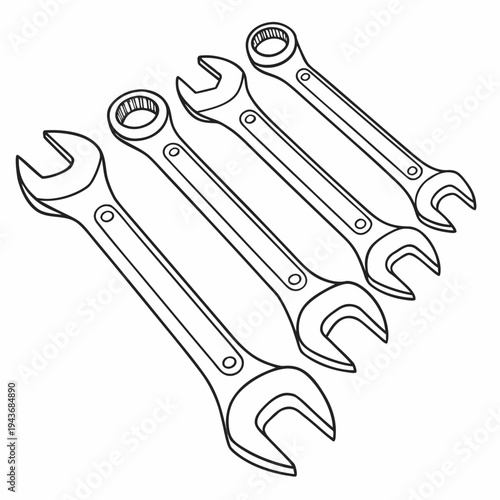 Set of four outline open end wrenches in a diagonal arrangement on a white background, representing various sizes of hand tools for repair and maintenance