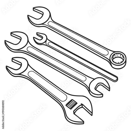 Set of four outline wrenches, including an adjustable wrench and three open end wrenches, arranged diagonally on a white background for various repair tasks