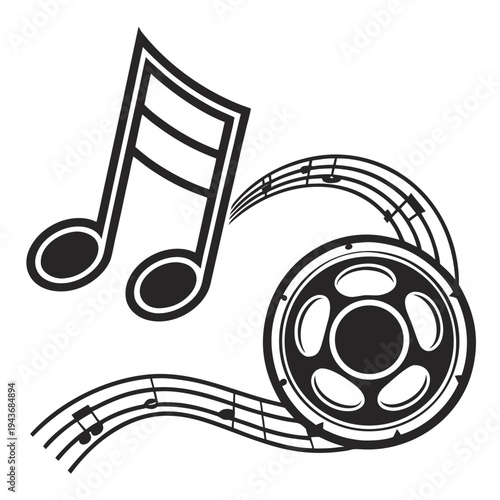 Musical notes and staff flowing towards a film reel, vintage audio visual concept, retro sound recording and playback design