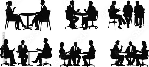 Business meeting silhouettes set, people discussing at table, corporate teamwork conversation, office discussion and interview concept isolated on white background