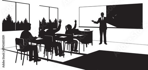 white background classroom learning black silhouette vector.