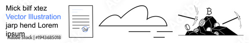 Digital storage, blockchain, cryptocurrency, cloud services, technology, data organization. Icons of a document, a cloud and crypto mining. Digital storage and blockchain idea