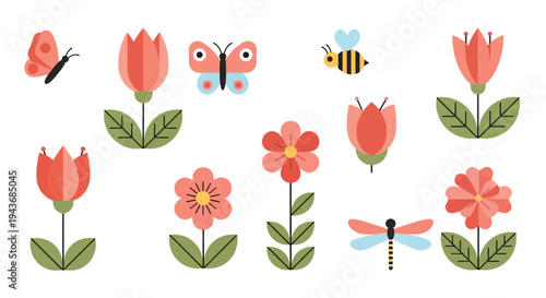 A colorful collection of stylized flowers butterflies and a bumblebee
