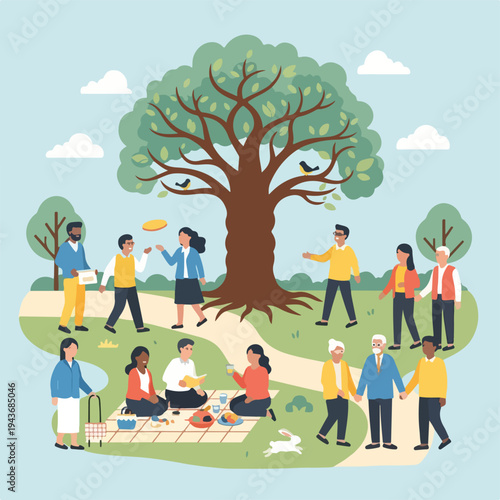 Group of people enjoying a picnic under a large tree in a sunny park