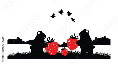 Two bears share and enjoy large ripe strawberries under a flock of birds