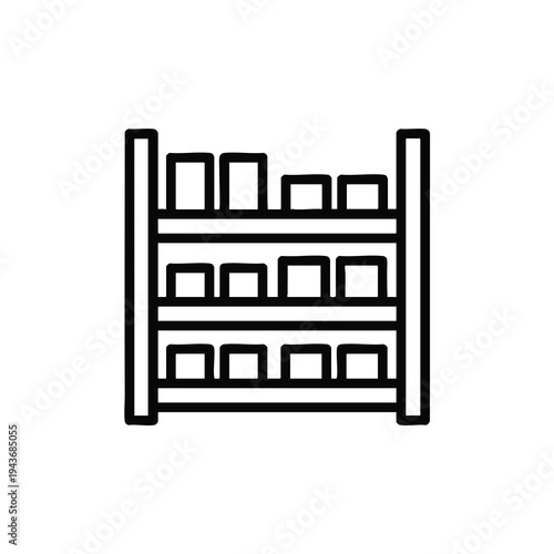 Simple line drawing of a three-tiered shelf unit with compartments