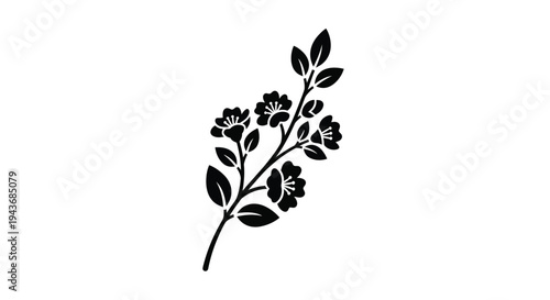 A delicate black silhouette of a flowering branch with leaves