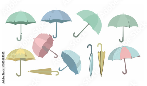 Cute Pastel Spring Umbrella Set Open and Closed Flat Vector Illustration