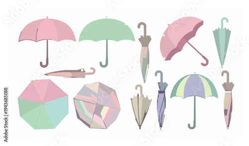 Colorful Spring Umbrella Vector Set with Pastel Patterns