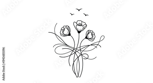 Delicate floral sketch featuring three poppies and soaring birds above