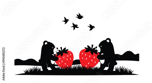 Two bears share large strawberries with birds flying overhead
