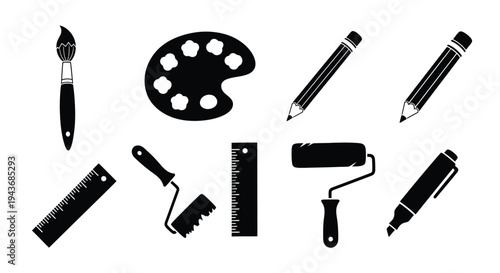 Black silhouette icons depicting various artistic tools and supplies