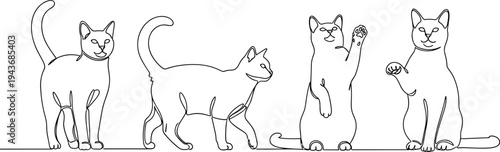 Continuous line drawing of four cats in various poses, minimalist feline vector art, playful kitten sketch, elegant pet illustration, animal line work, isolated on white background