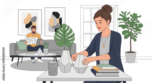 Woman arranging decorative vases on a table in a living room.