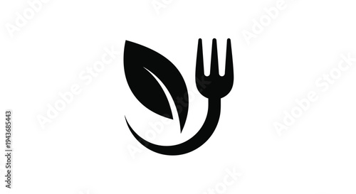 A black silhouette depicting a fork combined with a green leaf