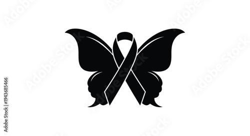 A black silhouette of a butterfly formed by a ribbon shape